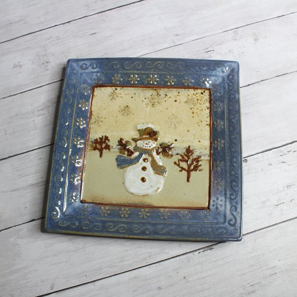 St. Nicholas Square Snowman Christmas Platter Plate 9.25" Blue - Picture 1 of 6